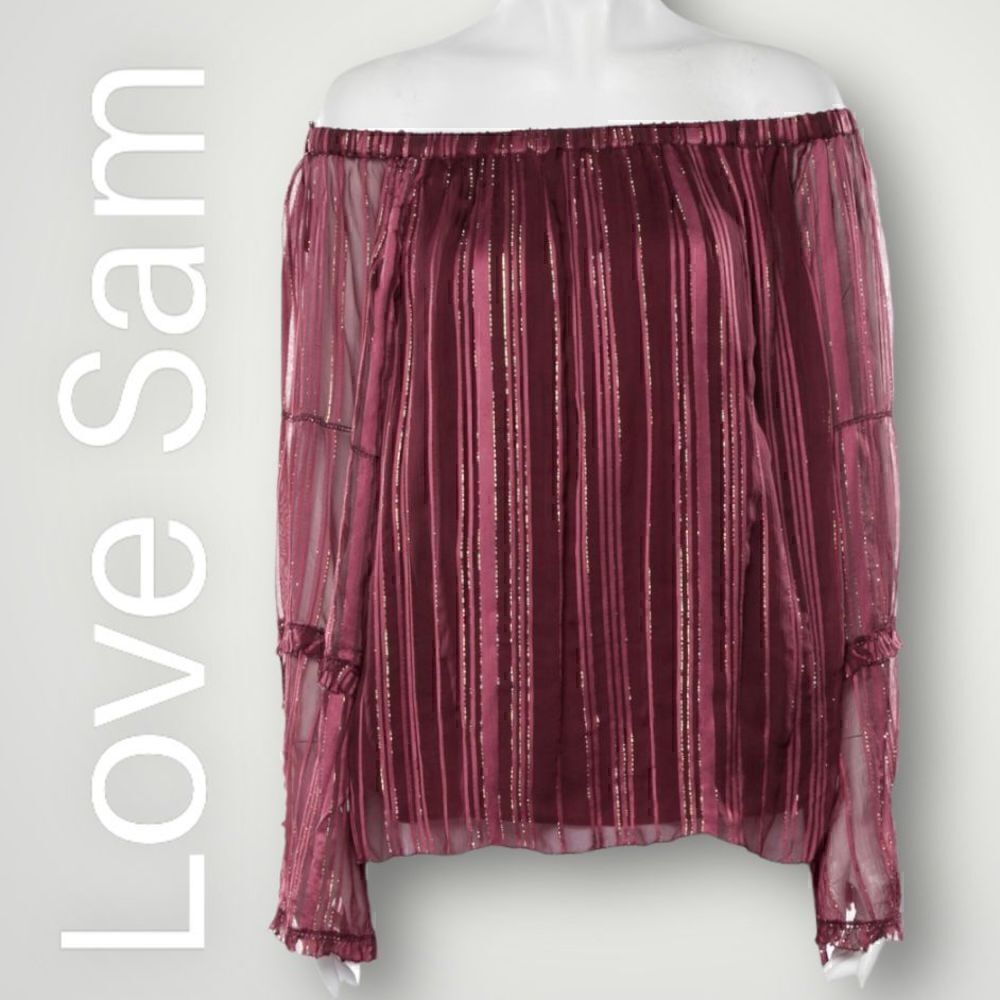 Love Sam, Metallic Striped Off-The-Shoulder Sheer Long Sleeves, Women’s X-Small